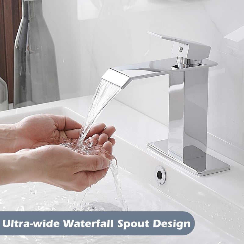 BWE Bathroom Faucet Chrome Modern Waterfall with Pop Up Drain for Sink 1 Single Hole Bathroom Sink Faucet Parts Spout Bath Lavatory Vanity Stopper Overflow and Supply Hose Single Handle Square - Image 2